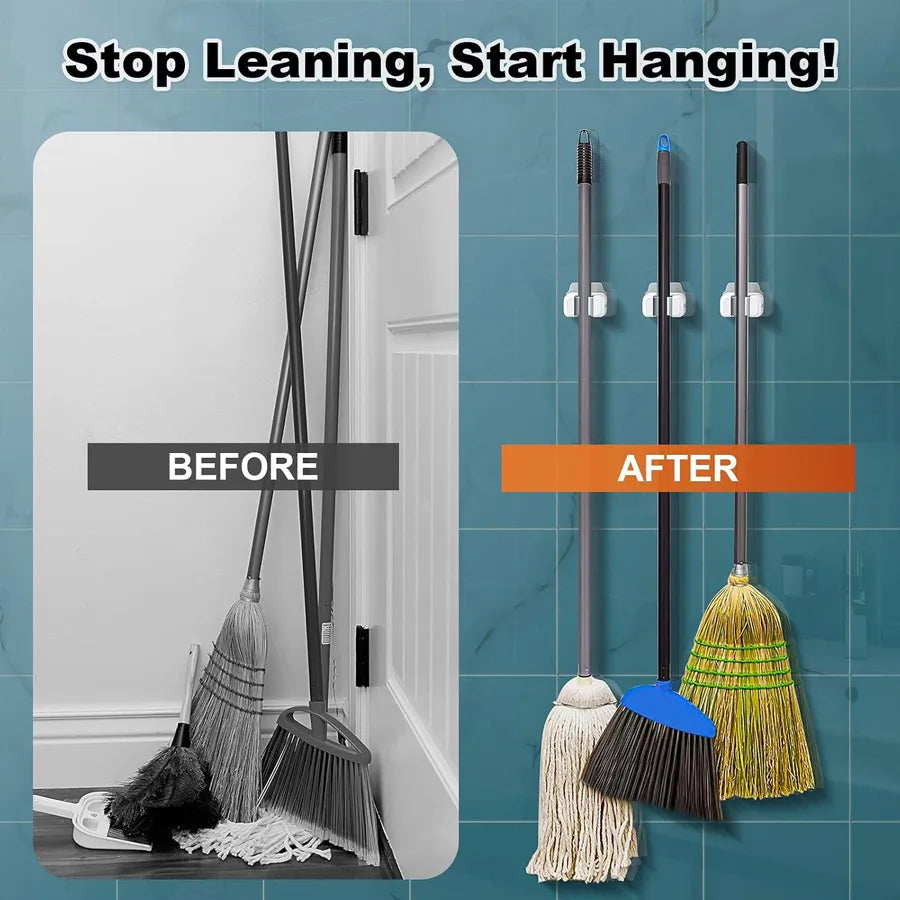 Wall Mount Mop & Broom Holder | Drill-Free 1–4 Pack Mop & Broom Holder QXL