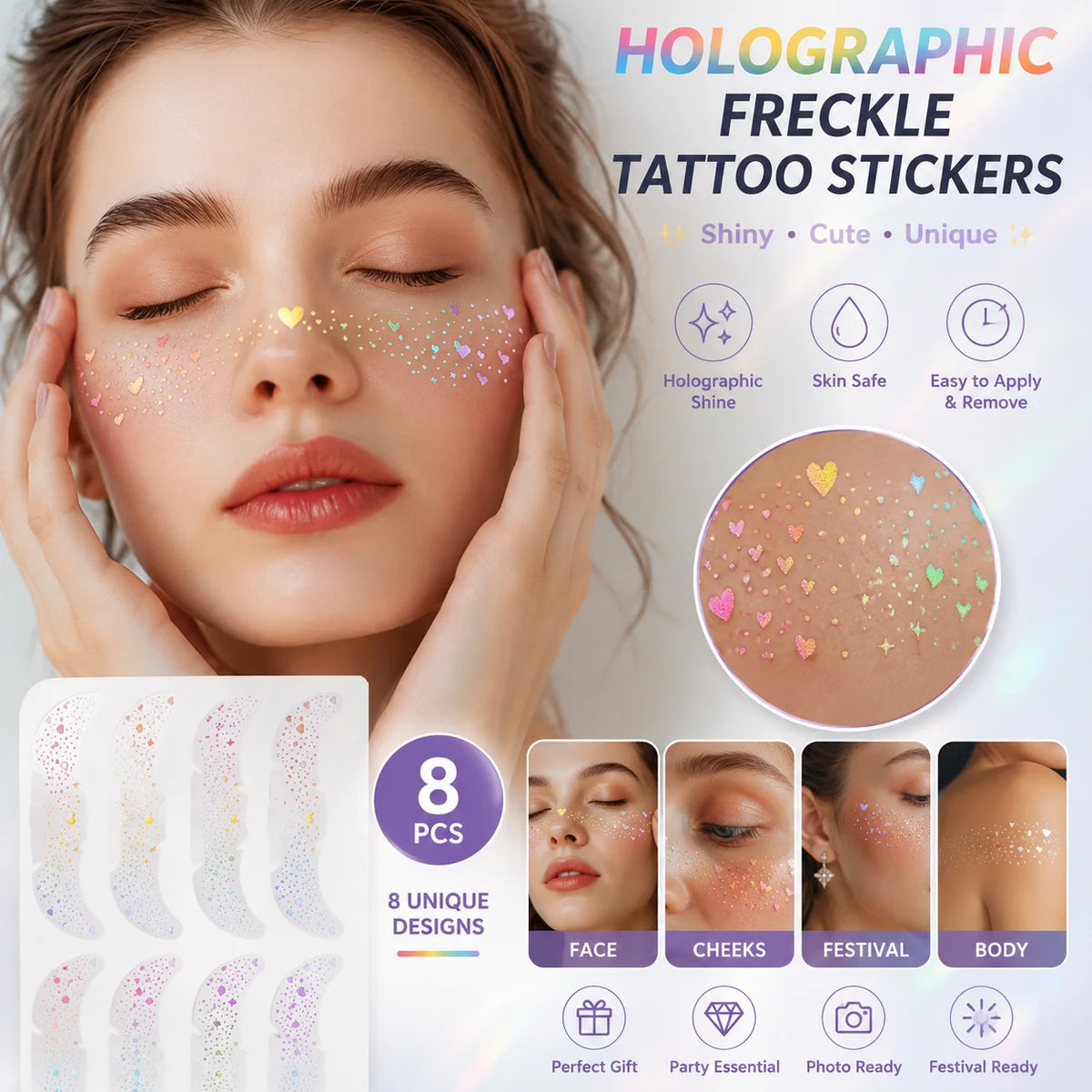 8-Pack Gold Holographic Freckle Temporary Tattoo Face Stickers Temporary Face Tattoos QXL Default Title