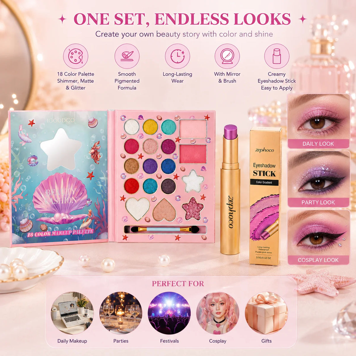 Zephoco 18-Color Eyeshadow Palette Book | Shimmer Matte Glitter Eyeshadow Palette QXL