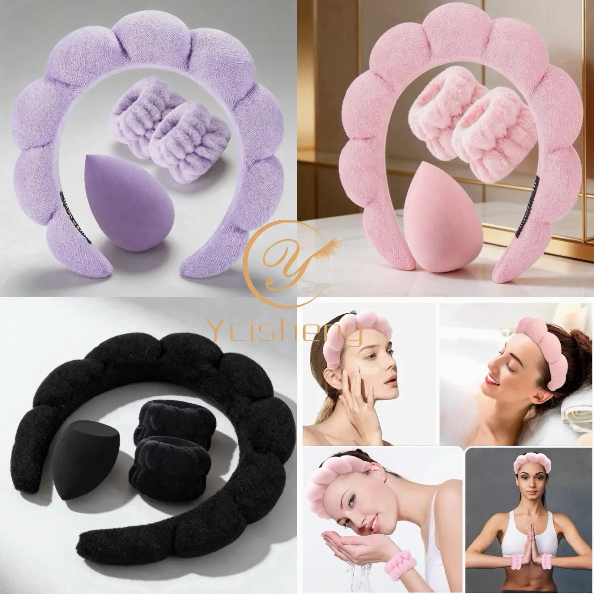 4-Piece Skincare Set | Bubble Headband, Wristbands & Powder Puff Skincare Accessory Set QXL