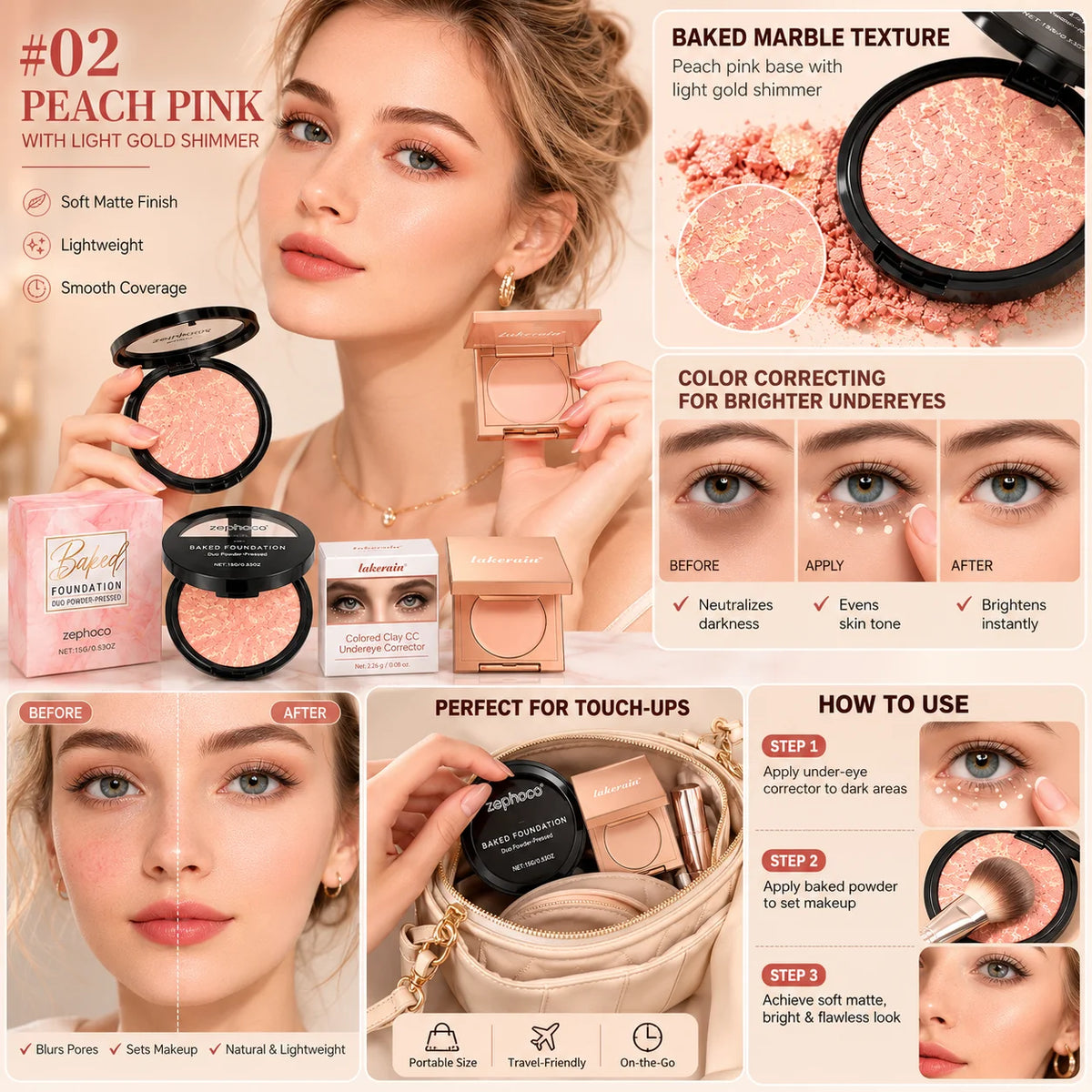 Peach Glow Pressed Powder & Color Correcting Concealer Set Makeup Set QXL