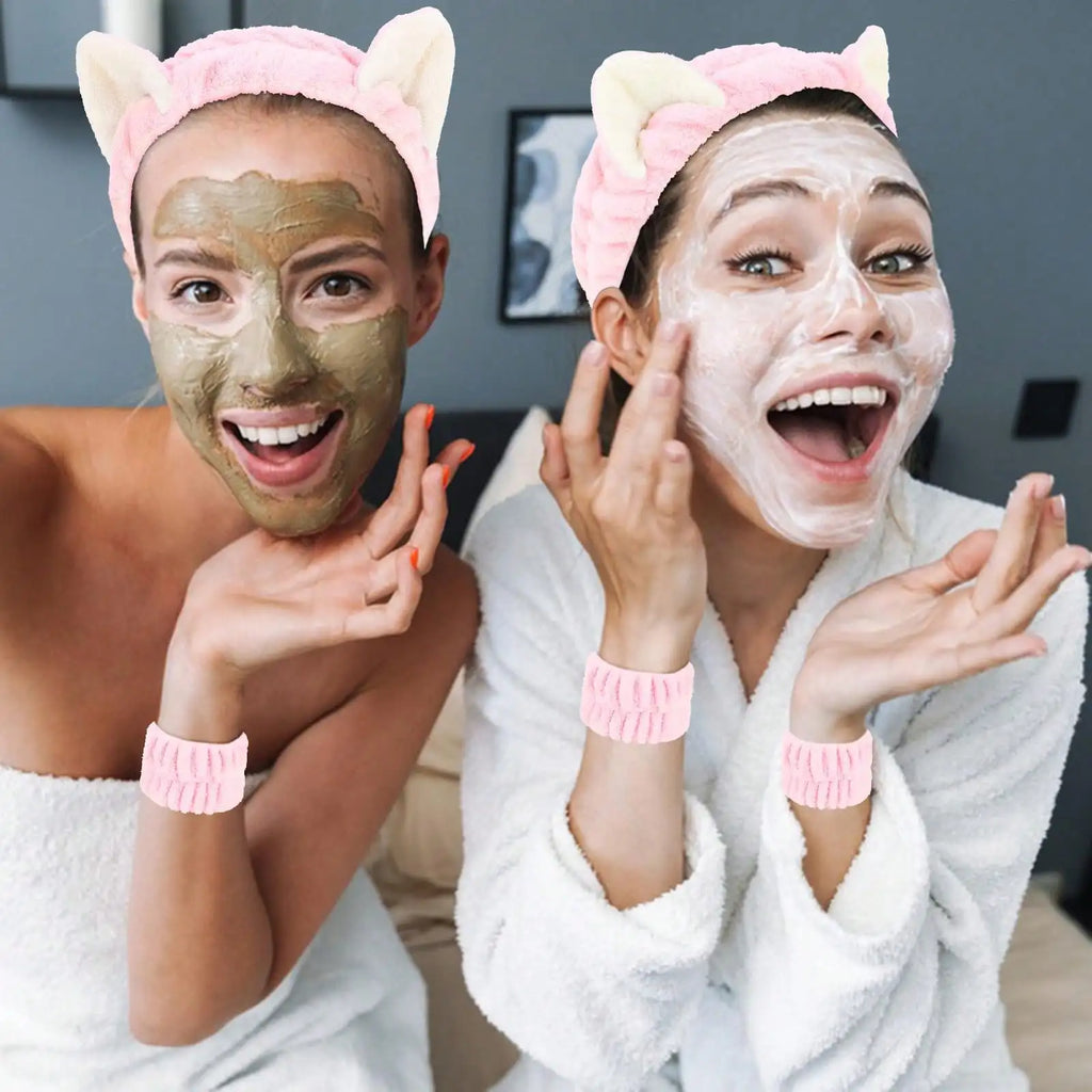 3-Pc Cat Ear Plush Makeup Headband & Wrist Hair Tie Set Makeup Headband Set QXL