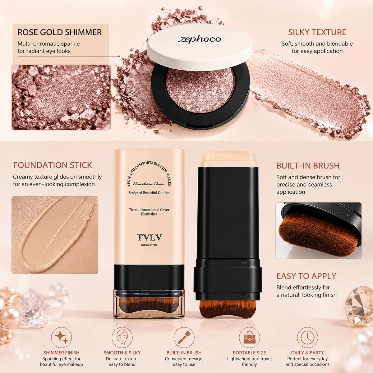 Rose Gold Eyeshadow Palette & Foundation Stick Makeup Set Eyeshadow Makeup Set QXL