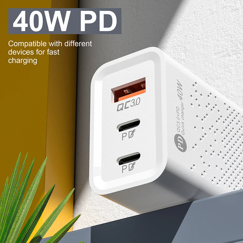 60W USB-C Fast Charger 3-Port PD & QC3.0 Wall Adapter USB-C Wall Charger QXL