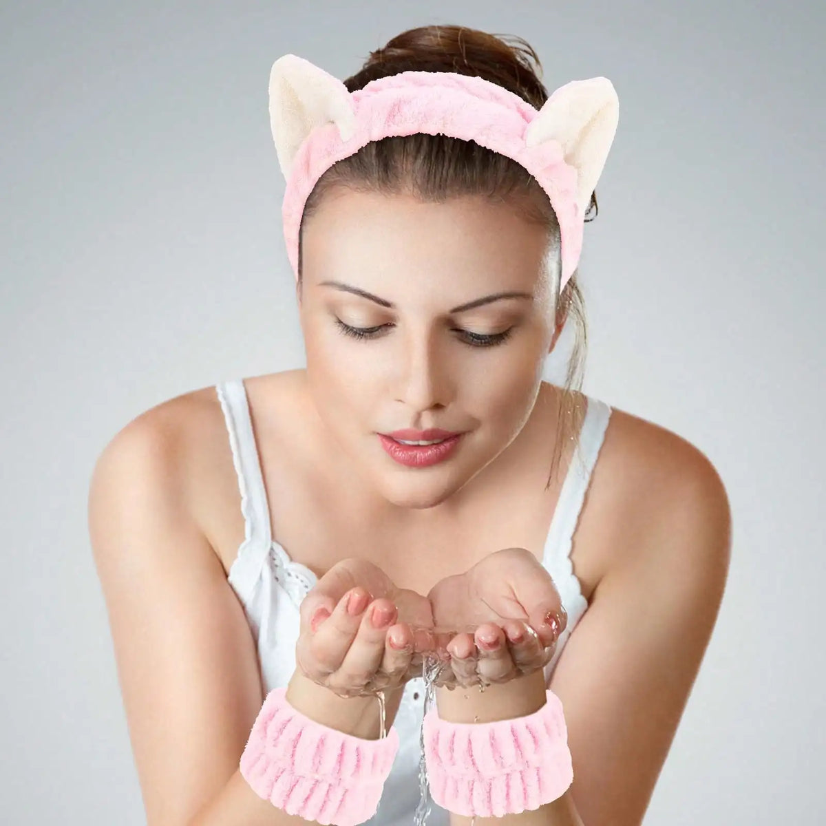 3-Pc Cat Ear Plush Makeup Headband & Wrist Hair Tie Set Makeup Headband Set QXL