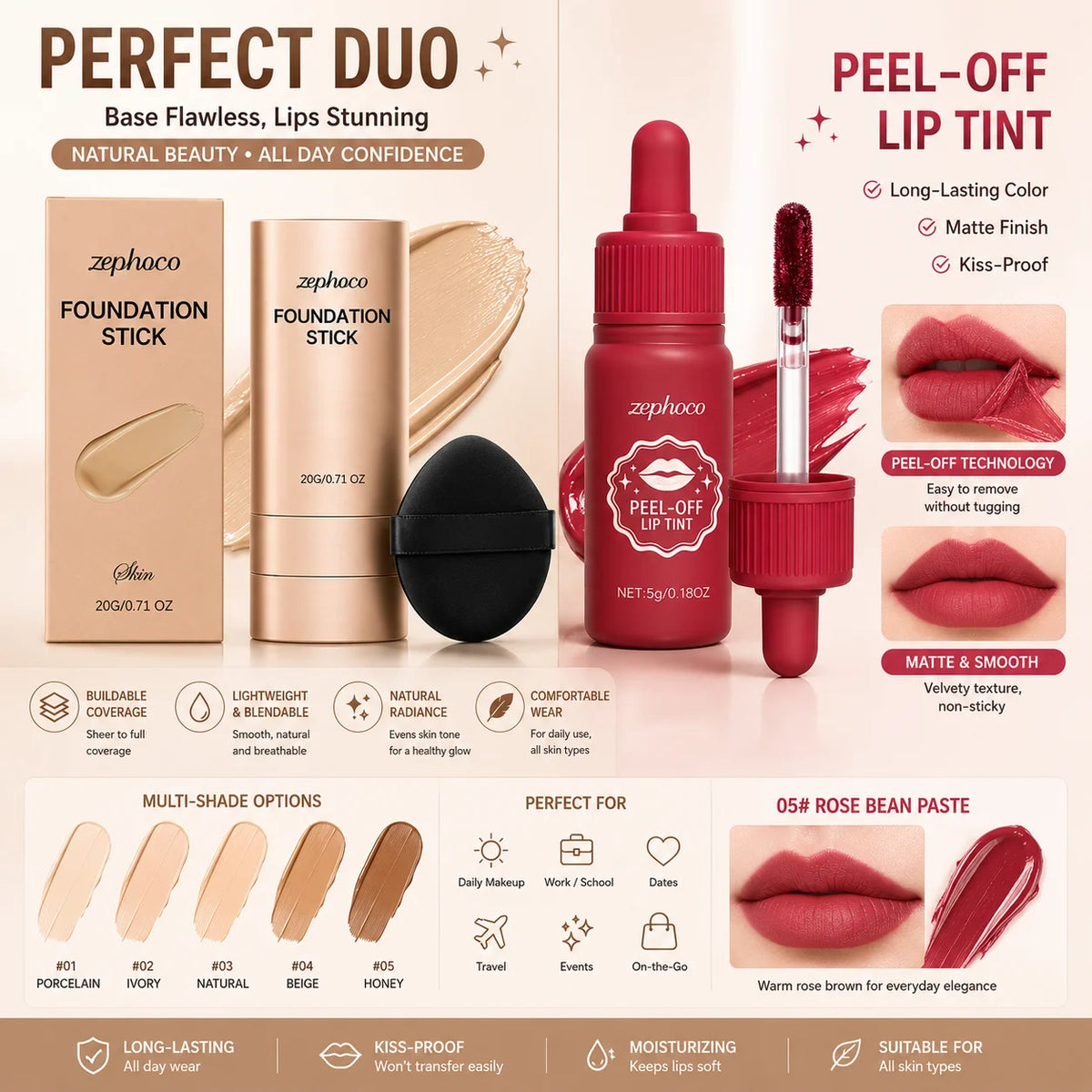 Foundation Stick & Peel-Off Lip Tint Makeup Kit | Smooth Finish Makeup Kit QXL