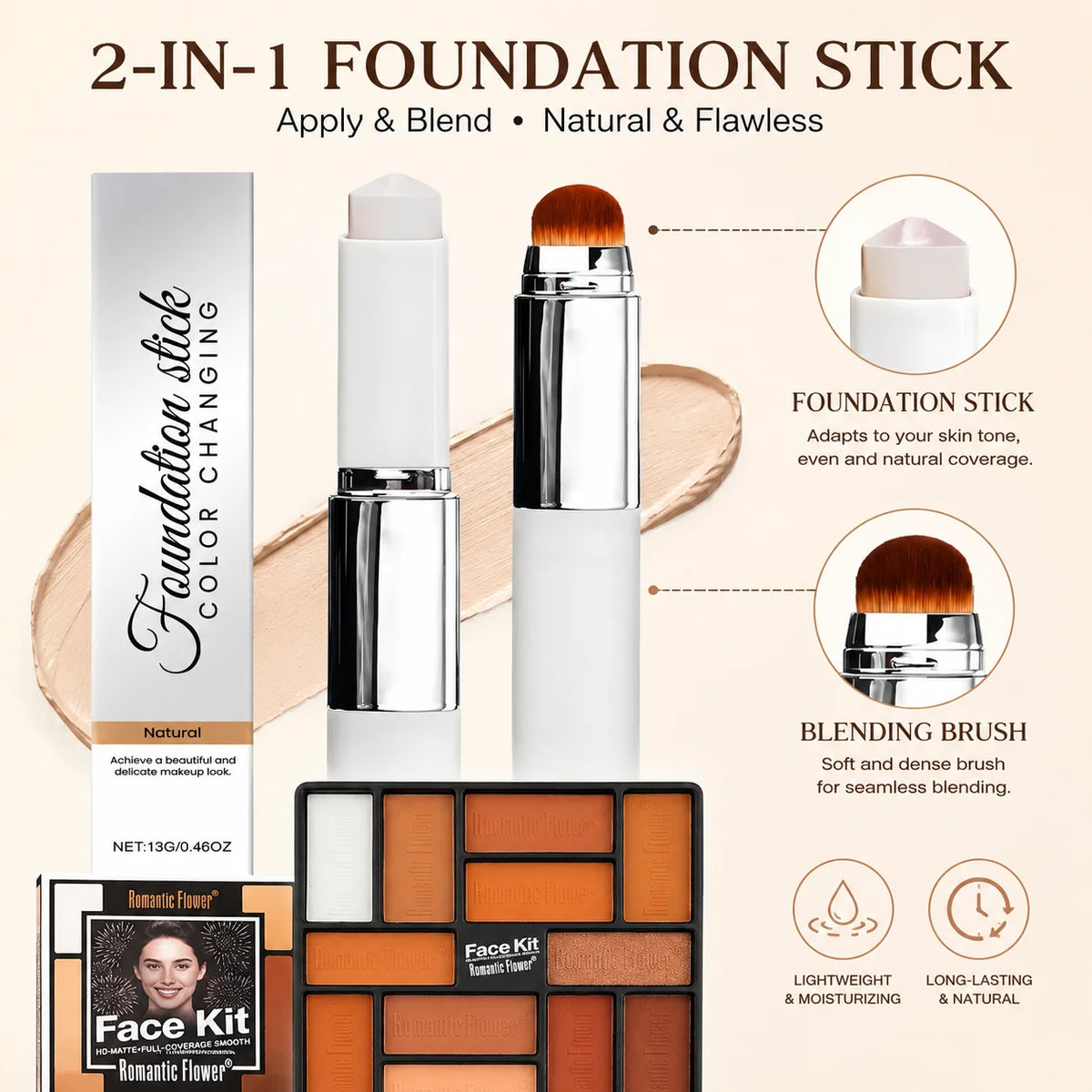 Color-Adapting Foundation Stick & Warm Eyeshadow Makeup Set Makeup Gift Set QXL