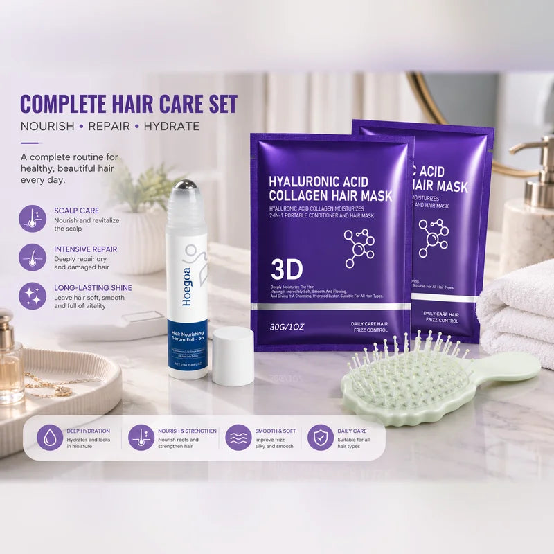 Hoegoa Hair Care Set – Serum Roll-On, Mask & Mini Brush Hair Care Set QXL