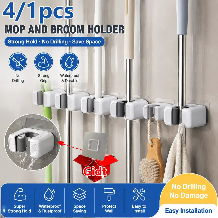 Wall Mount Mop & Broom Holder | Drill-Free 1–4 Pack Mop & Broom Holder QXL