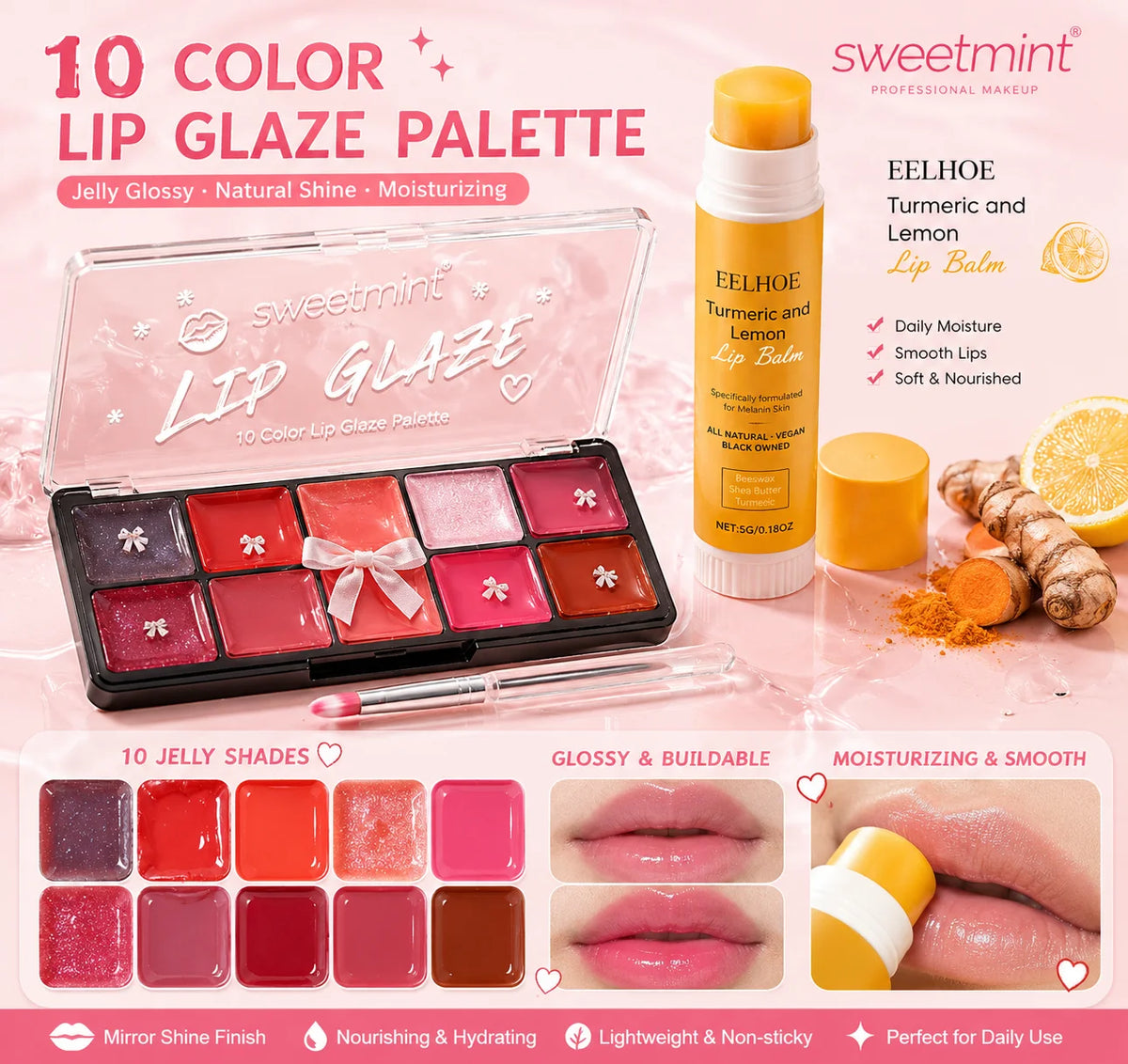 10-Color Lip Jelly Palette | Turmeric Lemon Gloss & Balm Set Lip Gloss Palette QXL