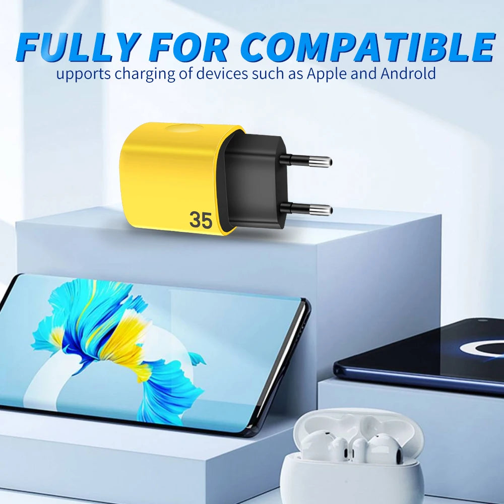 35W USB-C Fast Charger PD 20W QC3.0 Dual Port Travel USB-C Wall Charger QXL