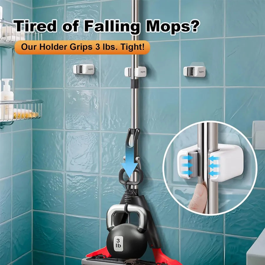 Wall Mount Mop & Broom Holder | Drill-Free 1–4 Pack Mop & Broom Holder QXL