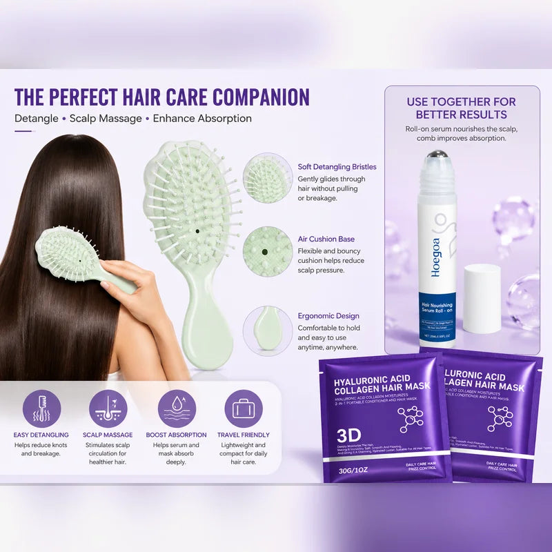 Hoegoa Hair Care Set – Serum Roll-On, Mask & Mini Brush Hair Care Set QXL