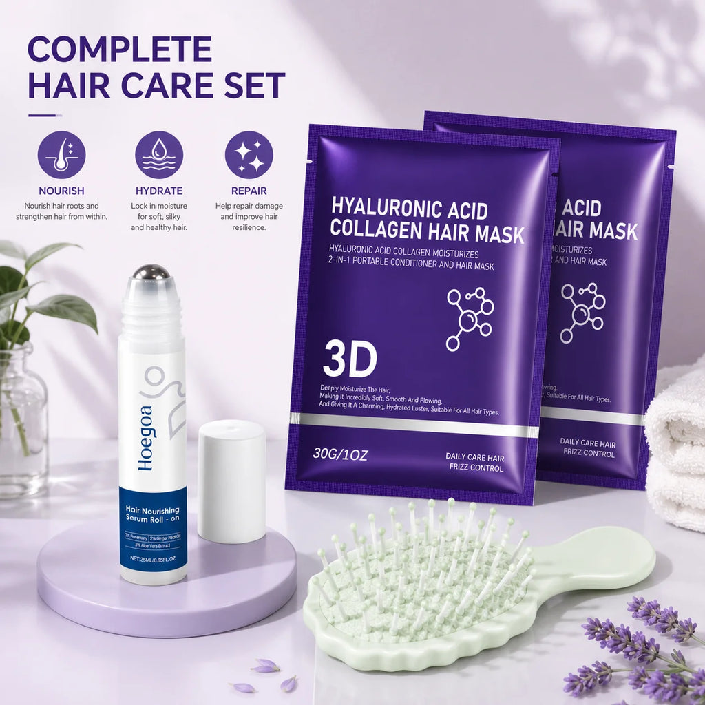 Hoegoa Hair Care Set – Serum Roll-On, Mask & Mini Brush Hair Care Set QXL