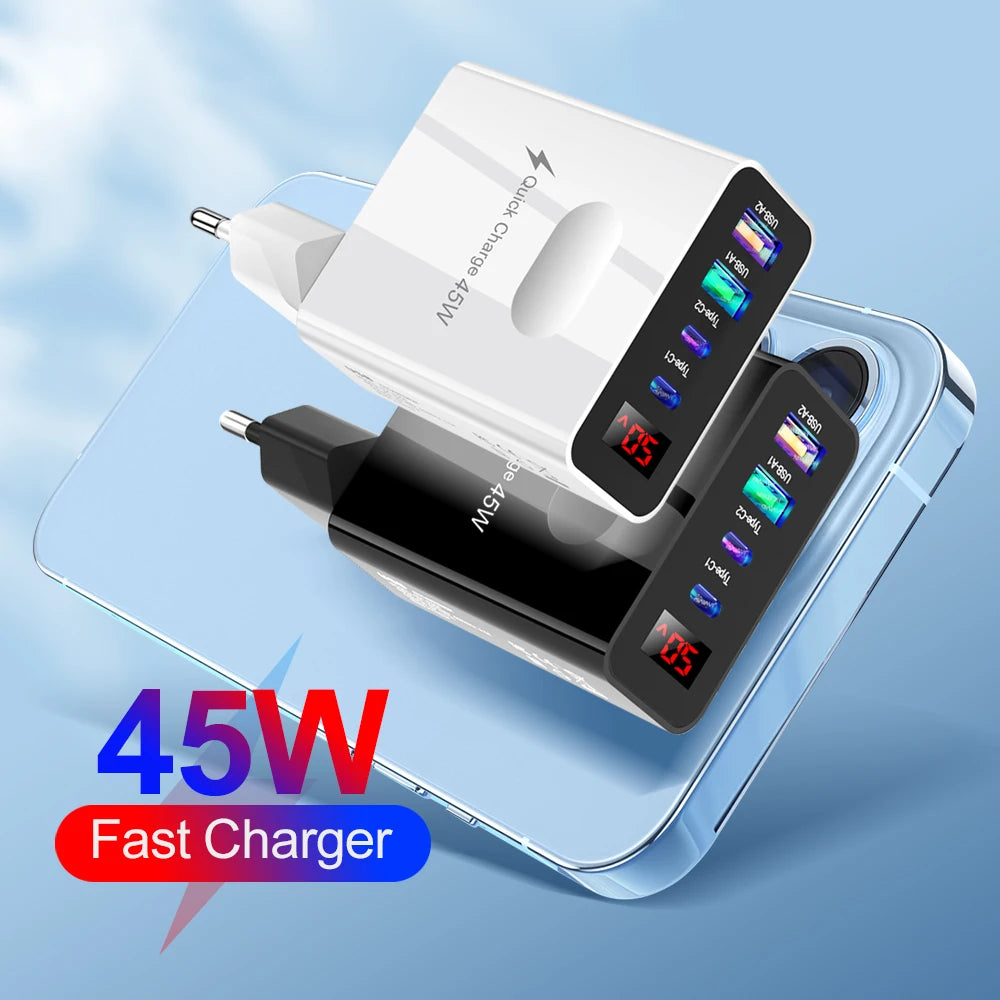 45W 4-Port USB-C Fast Charger with LED Display | Travel Multi-Port Fast Charger QXL