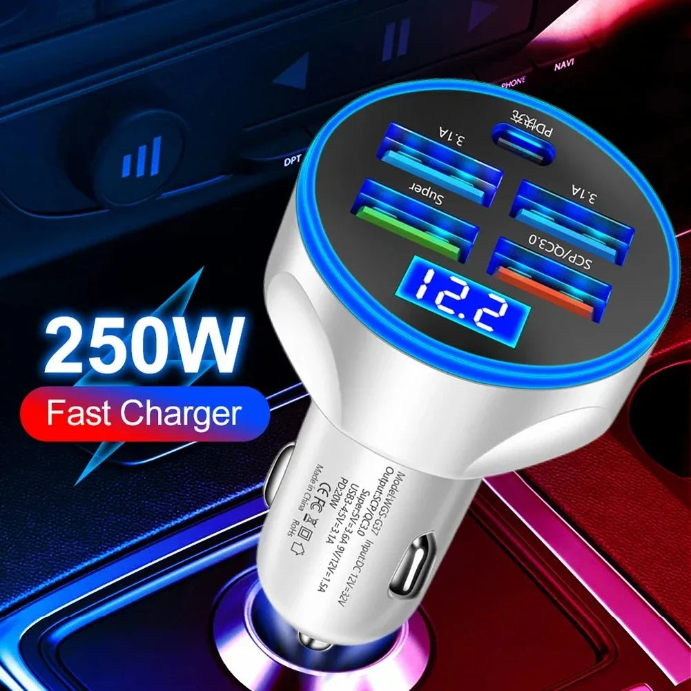 5-in-1 250W USB-C PD Car Charger QC3.0 with LED Display Car Charger Adapter QXL