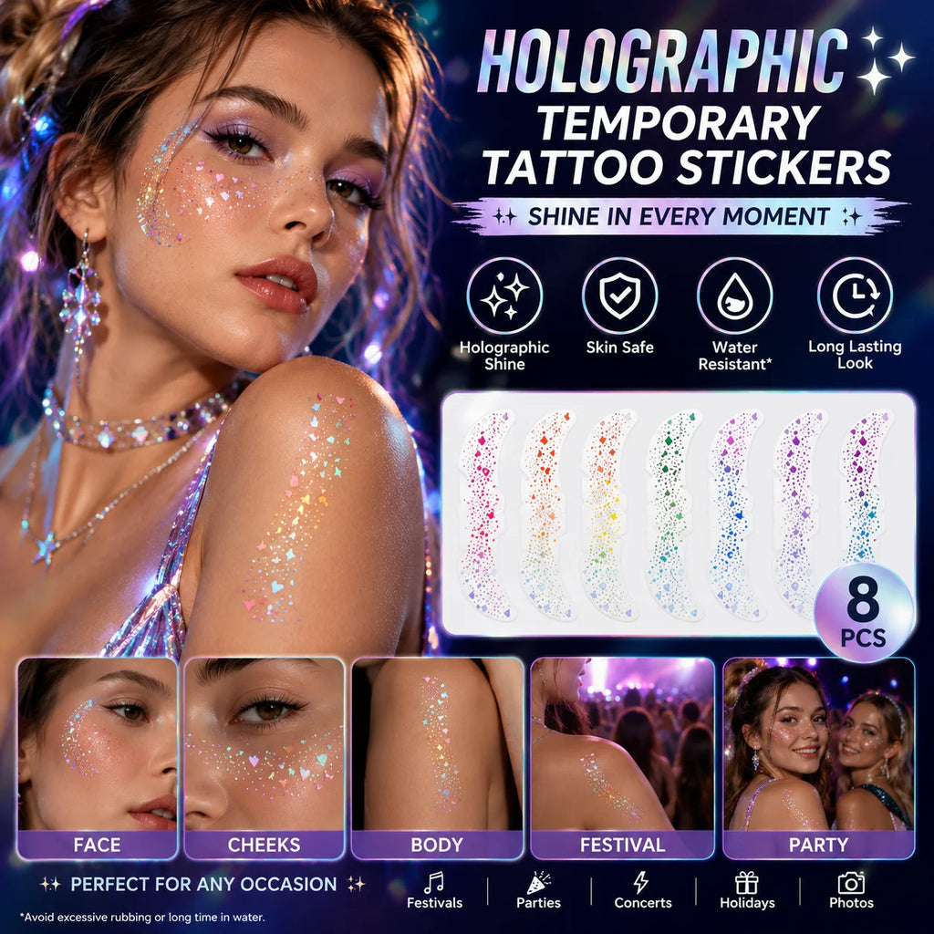 8-Pack Holographic Temporary Tattoo Stickers Moon & Star Temporary Tattoo Stickers QXL