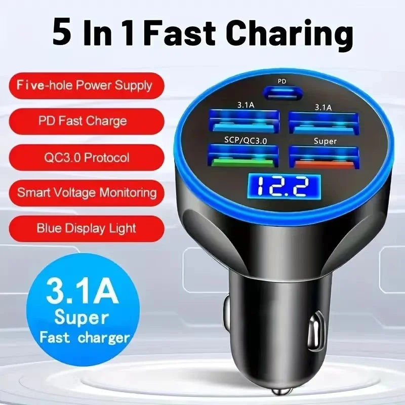 5-in-1 250W USB-C PD Car Charger QC3.0 with LED Display Car Charger Adapter QXL