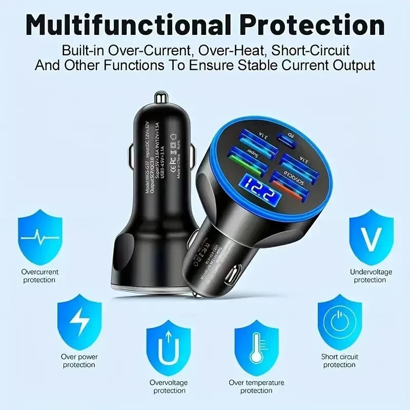 5-in-1 250W USB-C PD Car Charger QC3.0 with LED Display Car Charger Adapter QXL