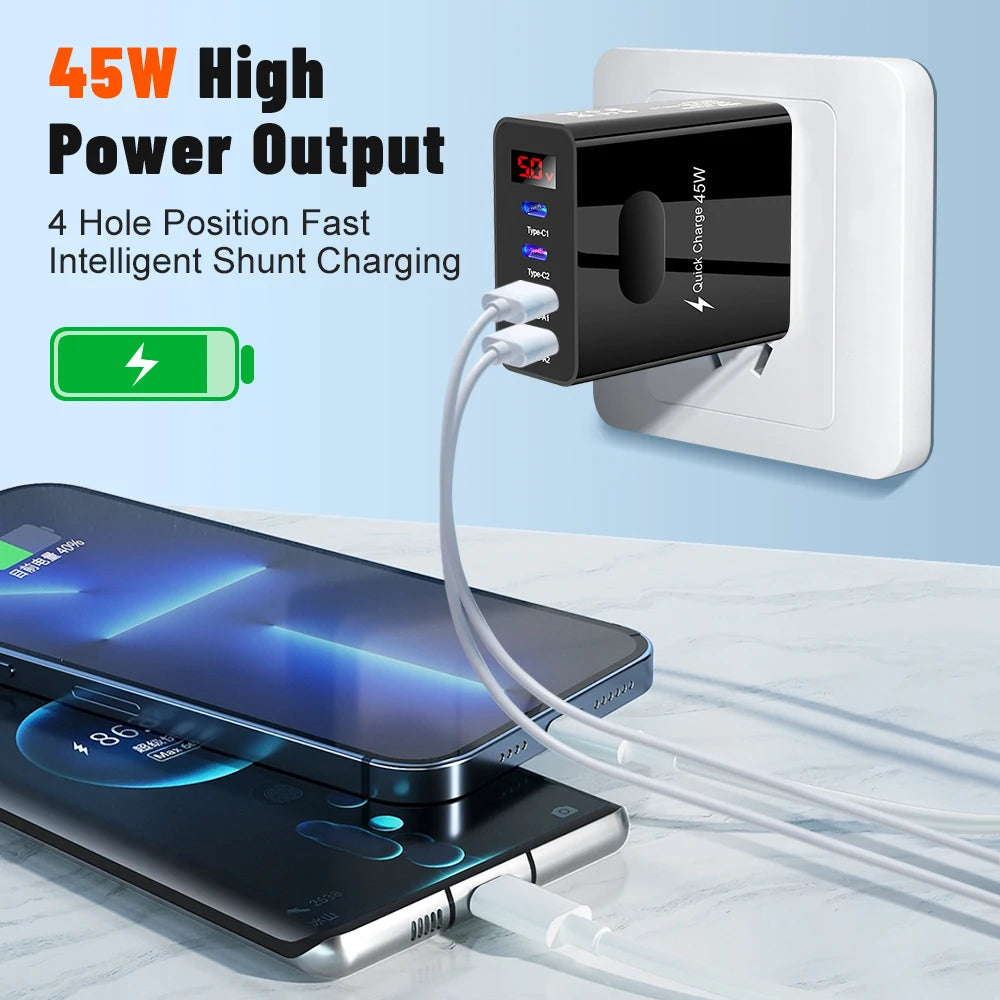45W 4-Port USB-C Fast Charger with LED Display | Travel Multi-Port Fast Charger QXL