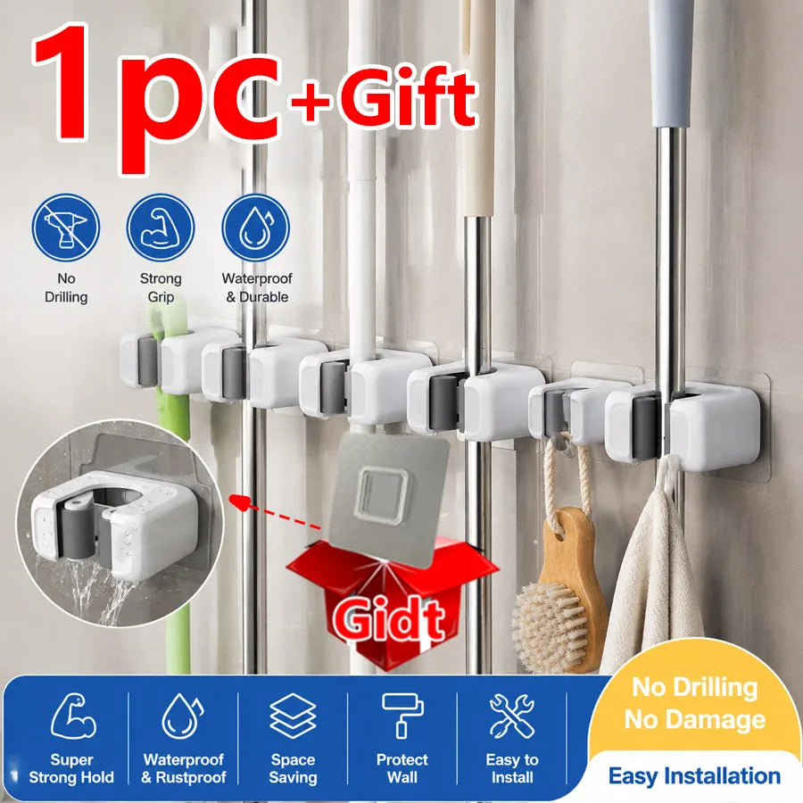 Wall Mount Mop & Broom Holder | Drill-Free 1–4 Pack Mop & Broom Holder QXL 1pc Limited-time gifts