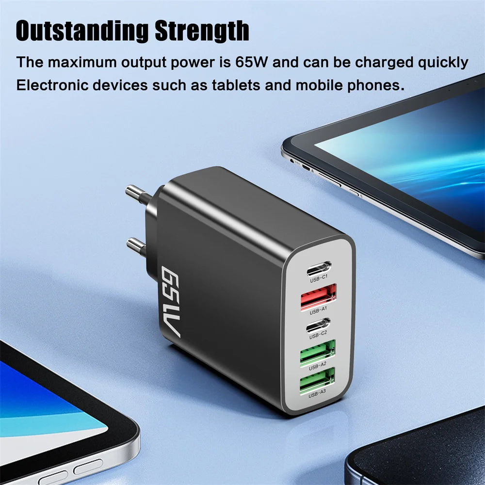 65W 5-Port USB-C PD Fast Wall Charger – iPhone & Samsung USB Wall Charger QXL