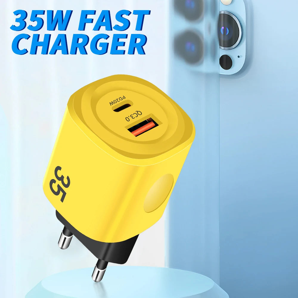 35W USB-C Fast Charger PD 20W QC3.0 Dual Port Travel USB-C Wall Charger QXL