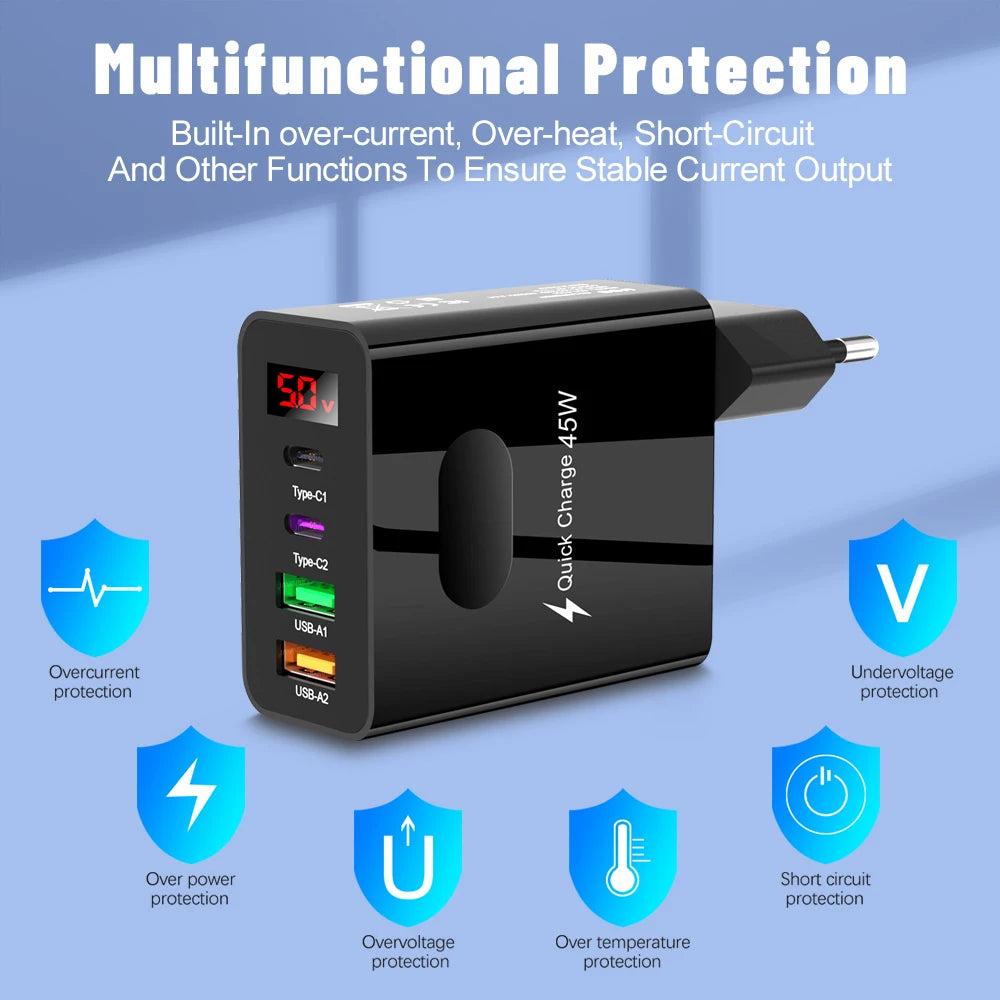 45W 4-Port USB-C Fast Charger with LED Display | Travel Multi-Port Fast Charger QXL
