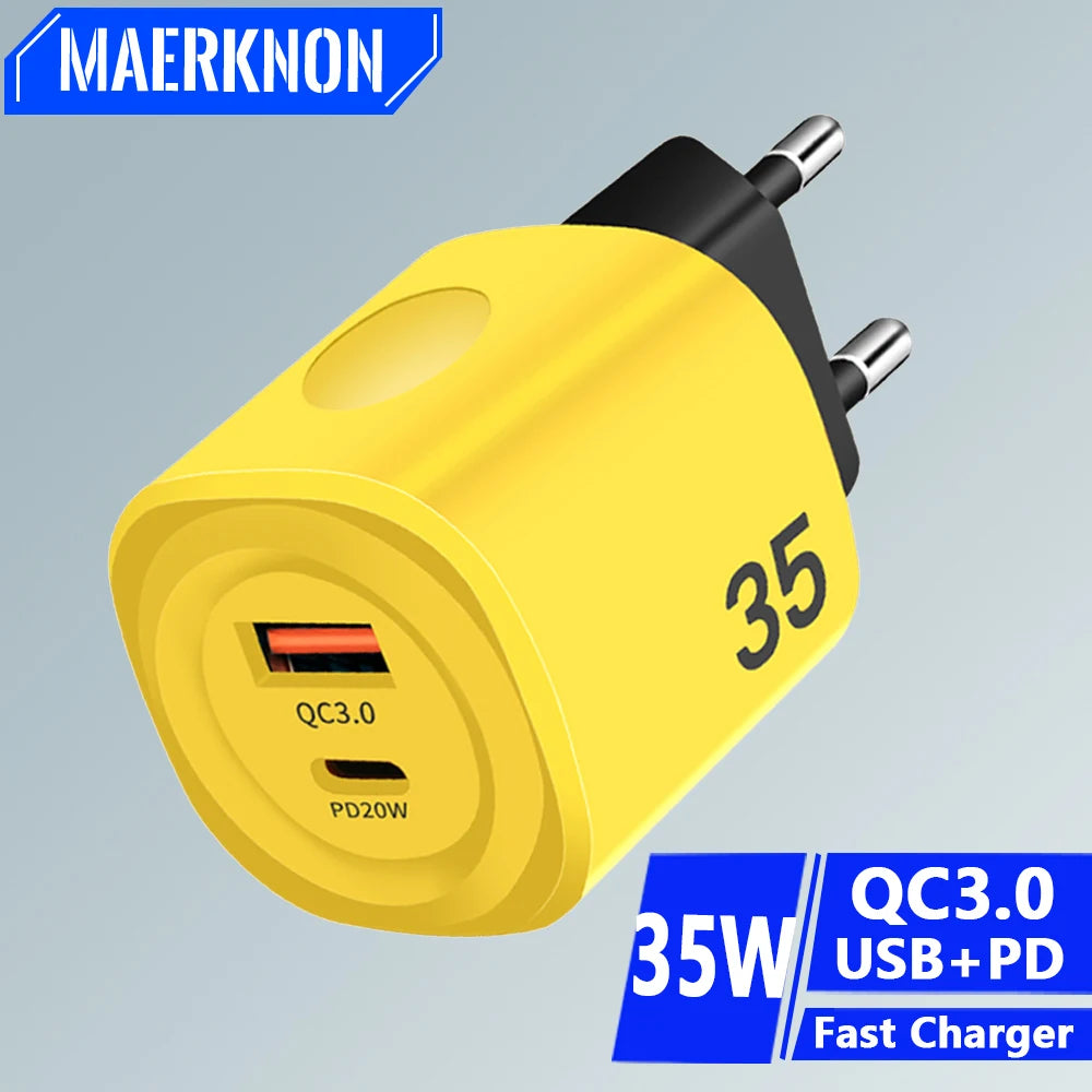 35W USB-C Fast Charger PD 20W QC3.0 Dual Port Travel USB-C Wall Charger QXL