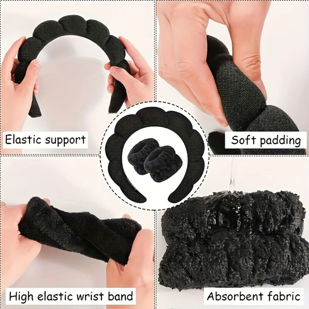 4-Piece Skincare Set | Bubble Headband, Wristbands & Powder Puff Skincare Accessory Set QXL