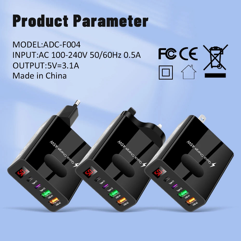 45W 4-Port USB-C Fast Charger with LED Display | Travel Multi-Port Fast Charger QXL