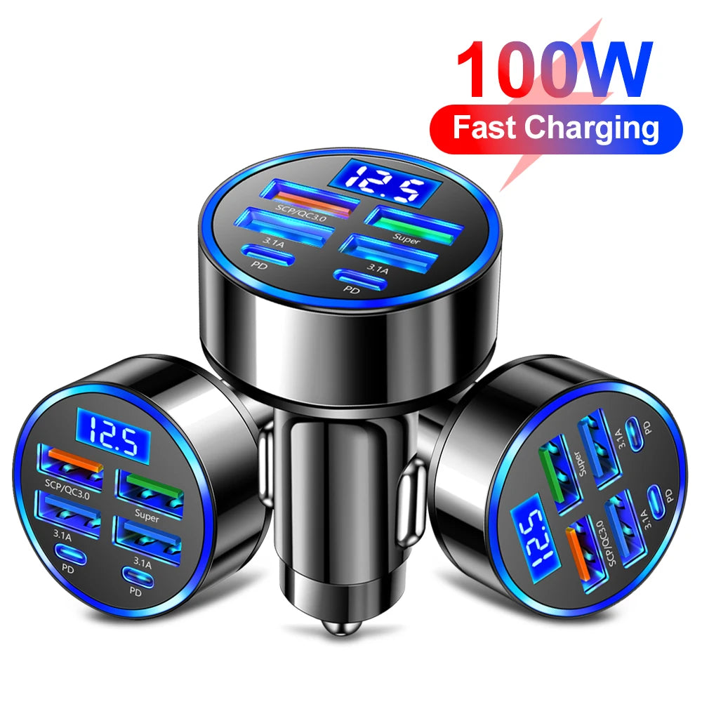 100W 6-Port USB-C Car Charger PD & QC3.0 Fast Charging USB Car Charger QXL