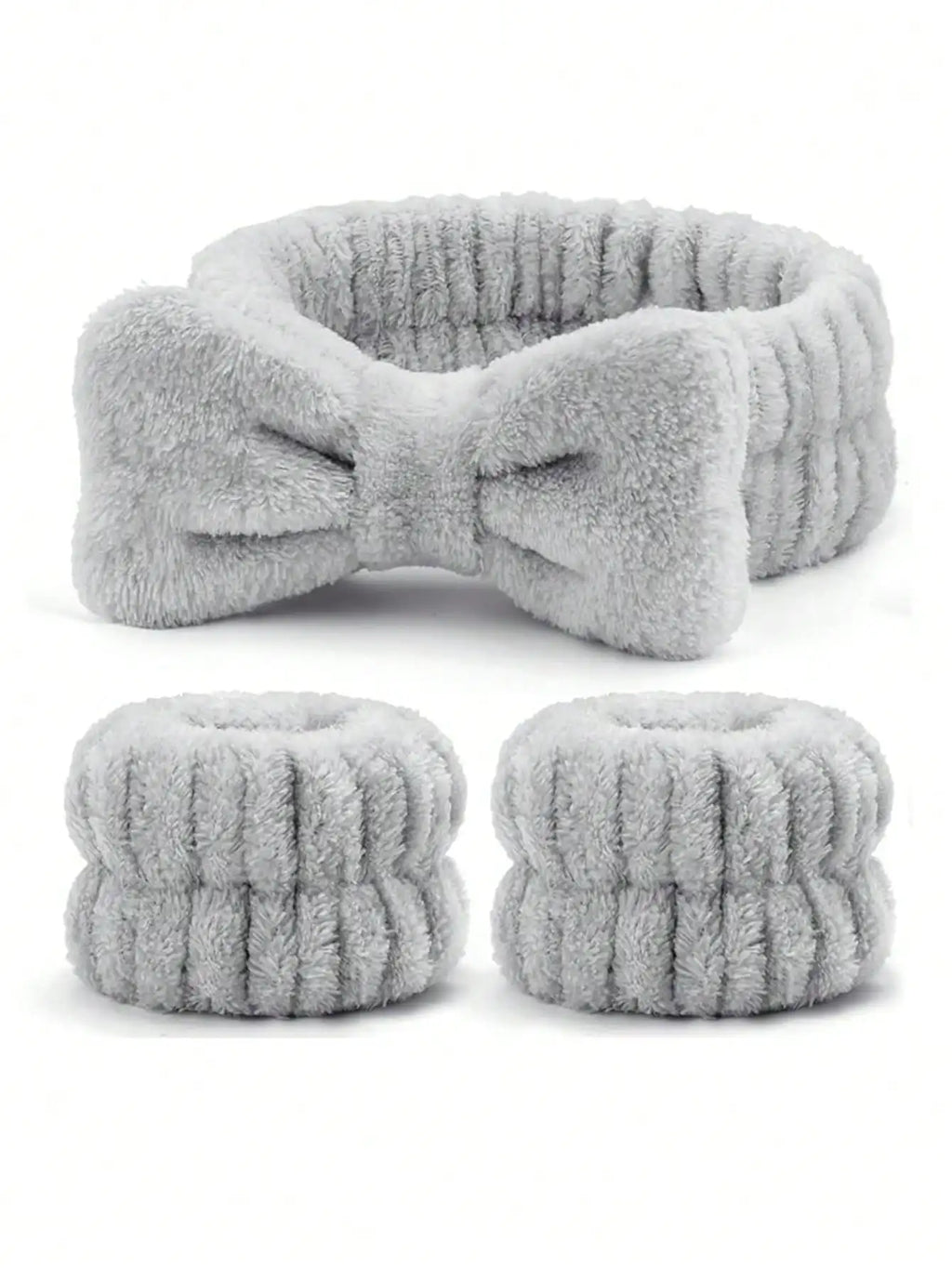 3-Piece Bow Plush Hair Band & Waterproof Wrist Cover Set Skincare Hair Band Set QXL Light Grey