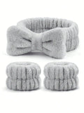 3-Piece Bow Plush Hair Band & Waterproof Wrist Cover Set Skincare Hair Band Set QXL Light Grey