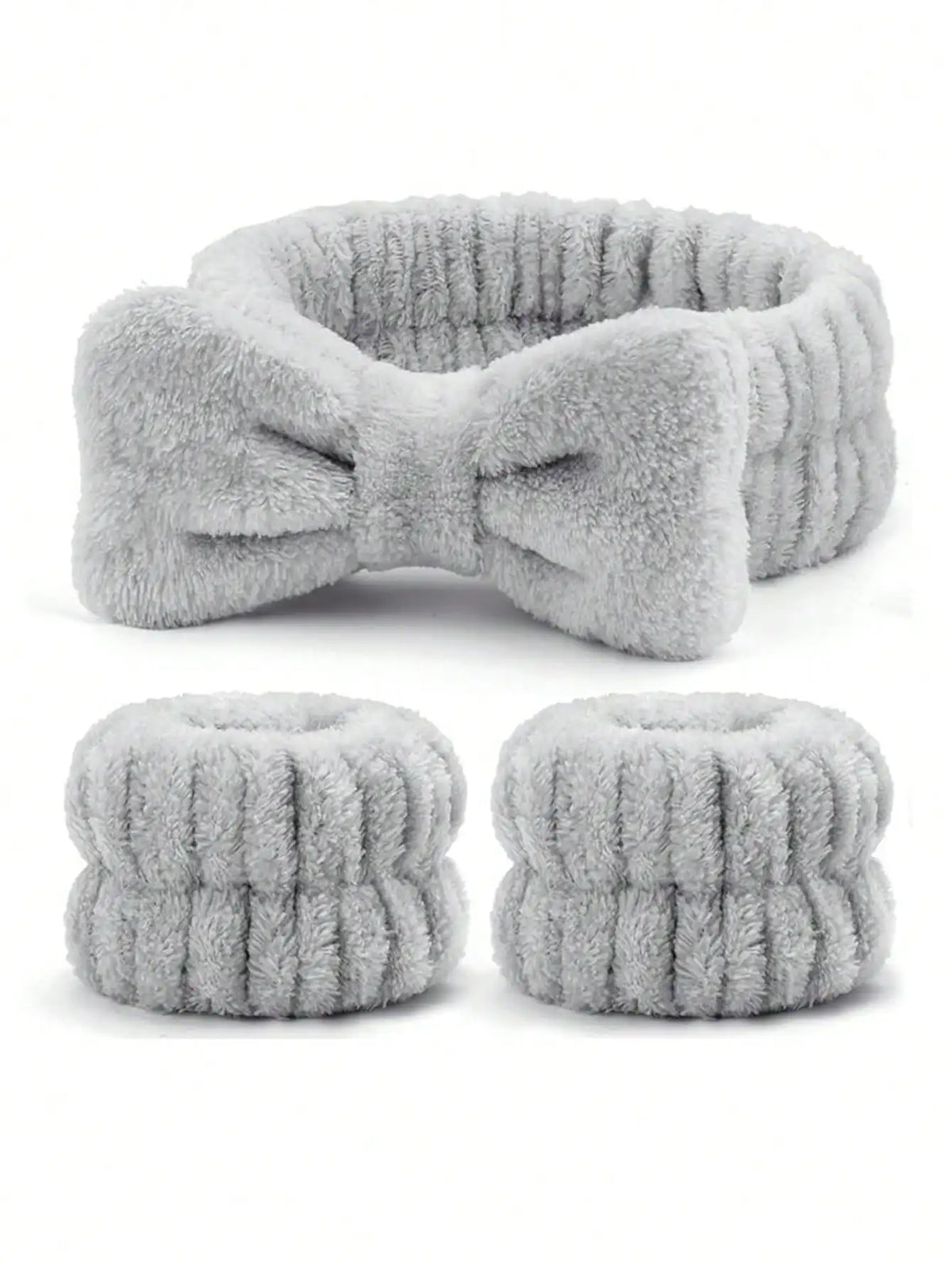 3-Piece Bow Plush Hair Band & Waterproof Wrist Cover Set Skincare Hair Band Set QXL Light Grey