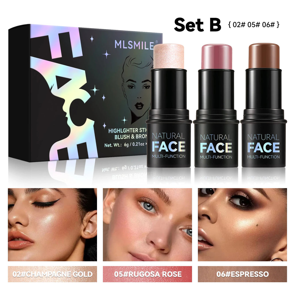 Cushion Foundation & Blush Bronzer Highlighter Stick Set Face Makeup Set QXL