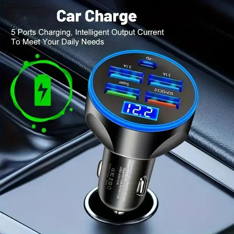 5-in-1 250W USB-C PD Car Charger QC3.0 with LED Display Car Charger Adapter QXL