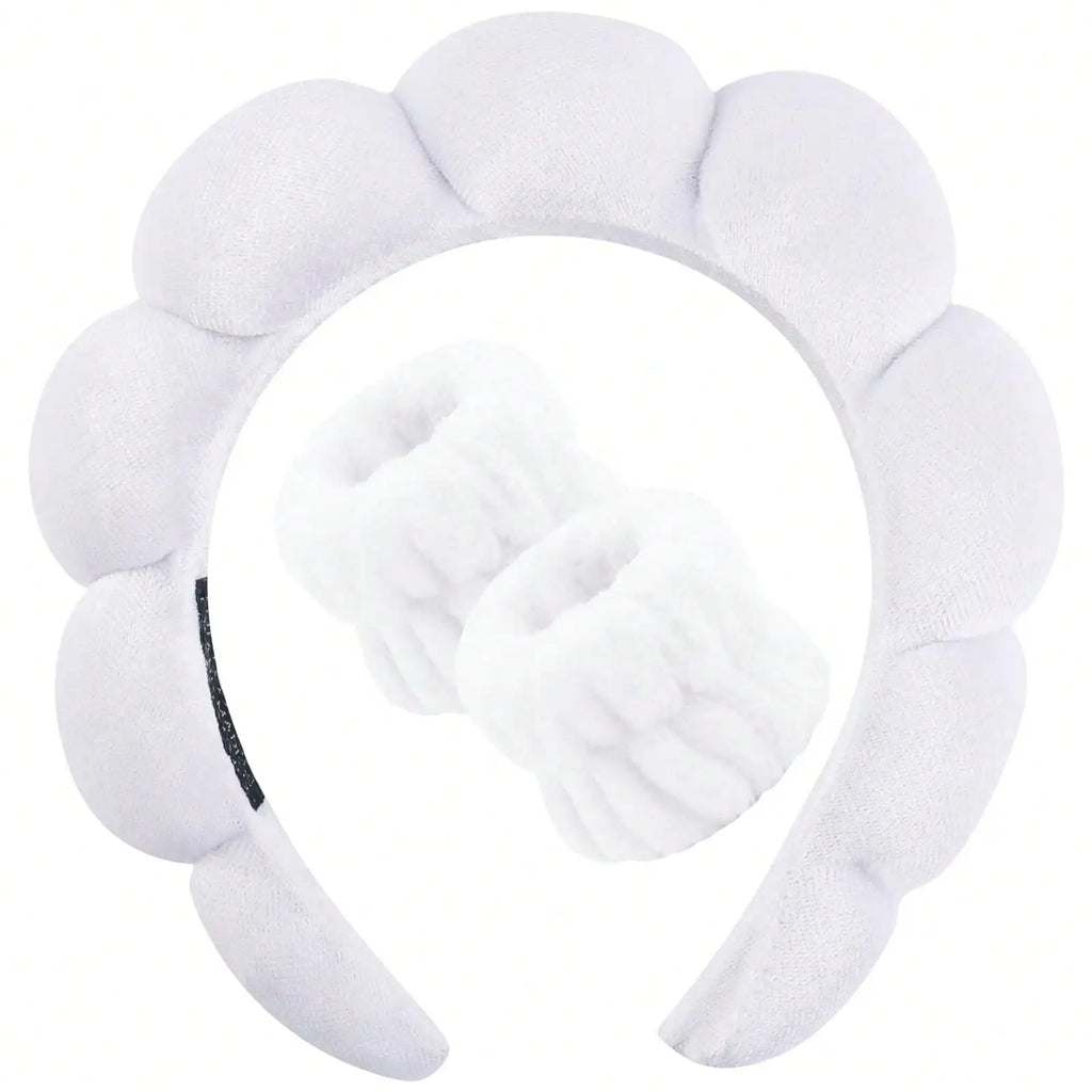 3-Piece Sponge Headband & Wristband Set for Makeup & Skincare Spa Headband Set QXL WHITE