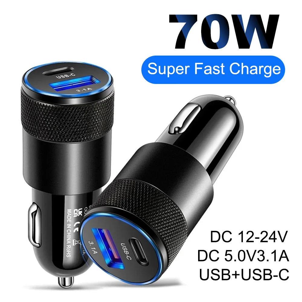 Mini 70W USB-C PD Car Charger QC3.0 Fast Charging Adapter Car Charger Adapter QXL
