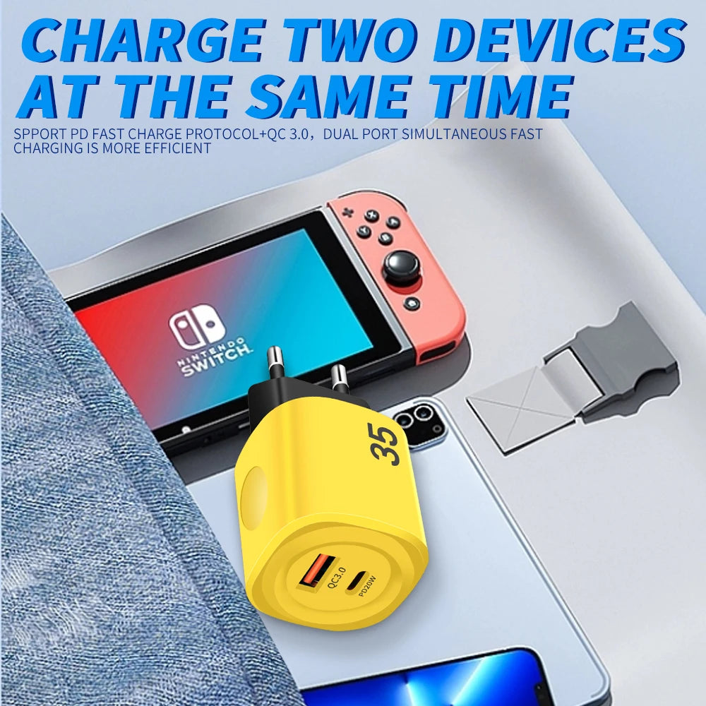 35W USB-C Fast Charger PD 20W QC3.0 Dual Port Travel USB-C Wall Charger QXL