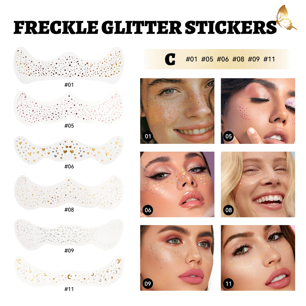 6-Pack Glitter Freckle Temporary Tattoo Stickers | Metallic Body Art Temporary Tattoo Stickers QXL C
