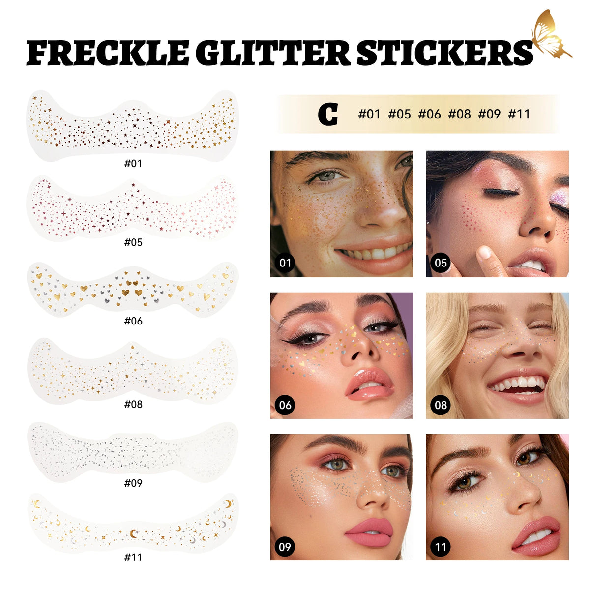 6-Pack Glitter Freckle Temporary Tattoo Stickers | Metallic Body Art Temporary Tattoo Stickers QXL C