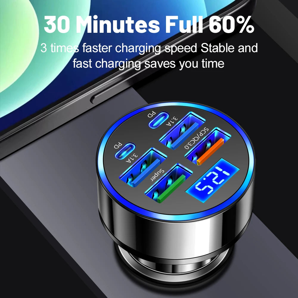 6-in-1 QC3.0 & PD Car Charger with Digital Voltage Display USB Car Charger QXL