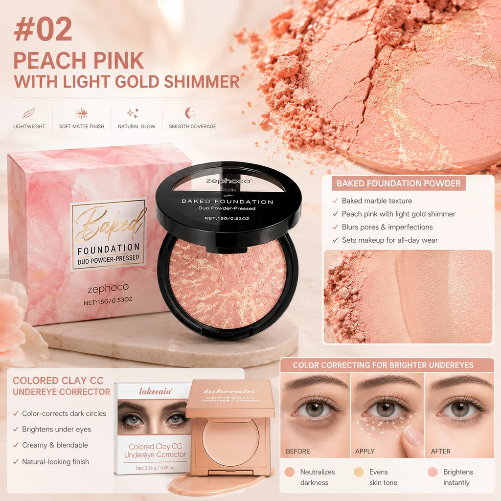 Peach Glow Pressed Powder & Color Correcting Concealer Set Makeup Set QXL