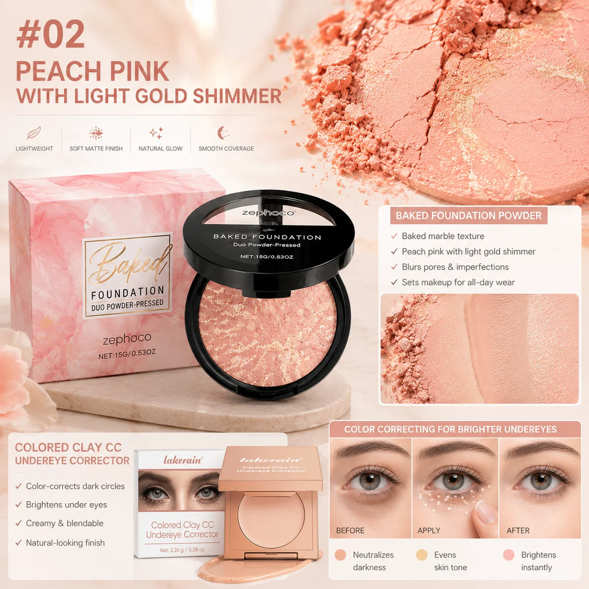 Peach Glow Pressed Powder & Color Correcting Concealer Set Makeup Set QXL