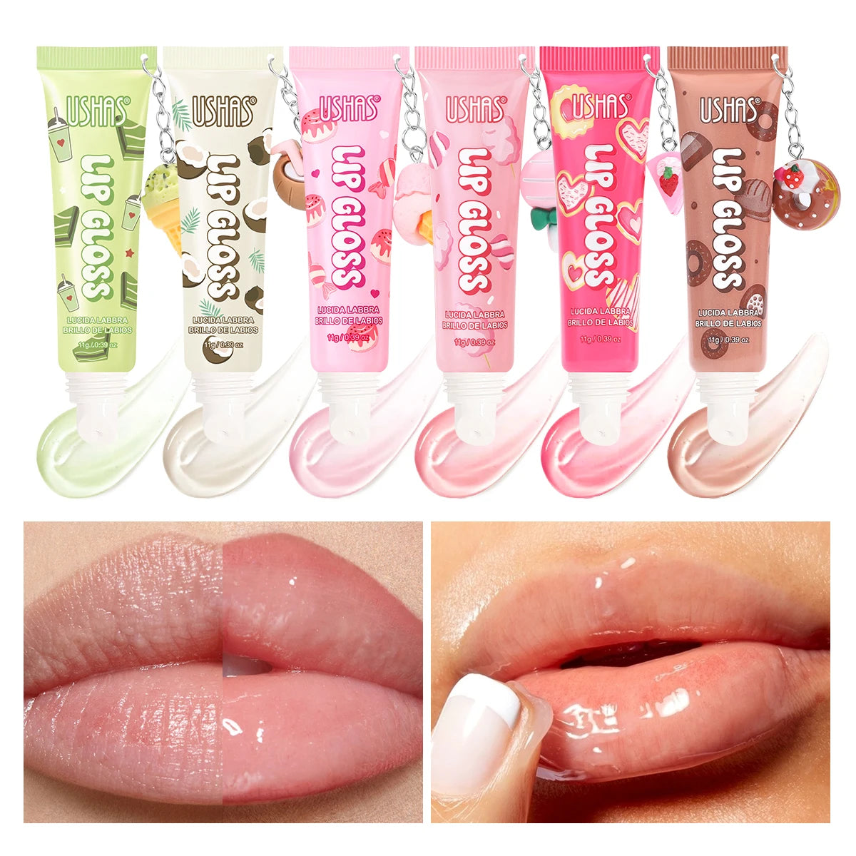 USHAS Donut Pendant Lip Gloss | Fruity Hydrating Lip Oil 5 Flavors Lip Gloss Oil QXL
