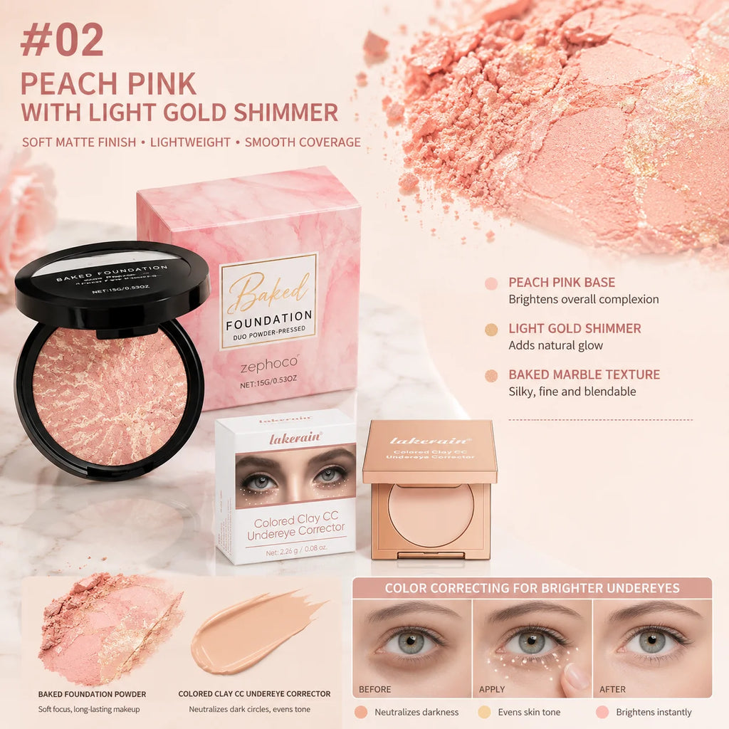 Peach Glow Pressed Powder & Color Correcting Concealer Set Makeup Set QXL