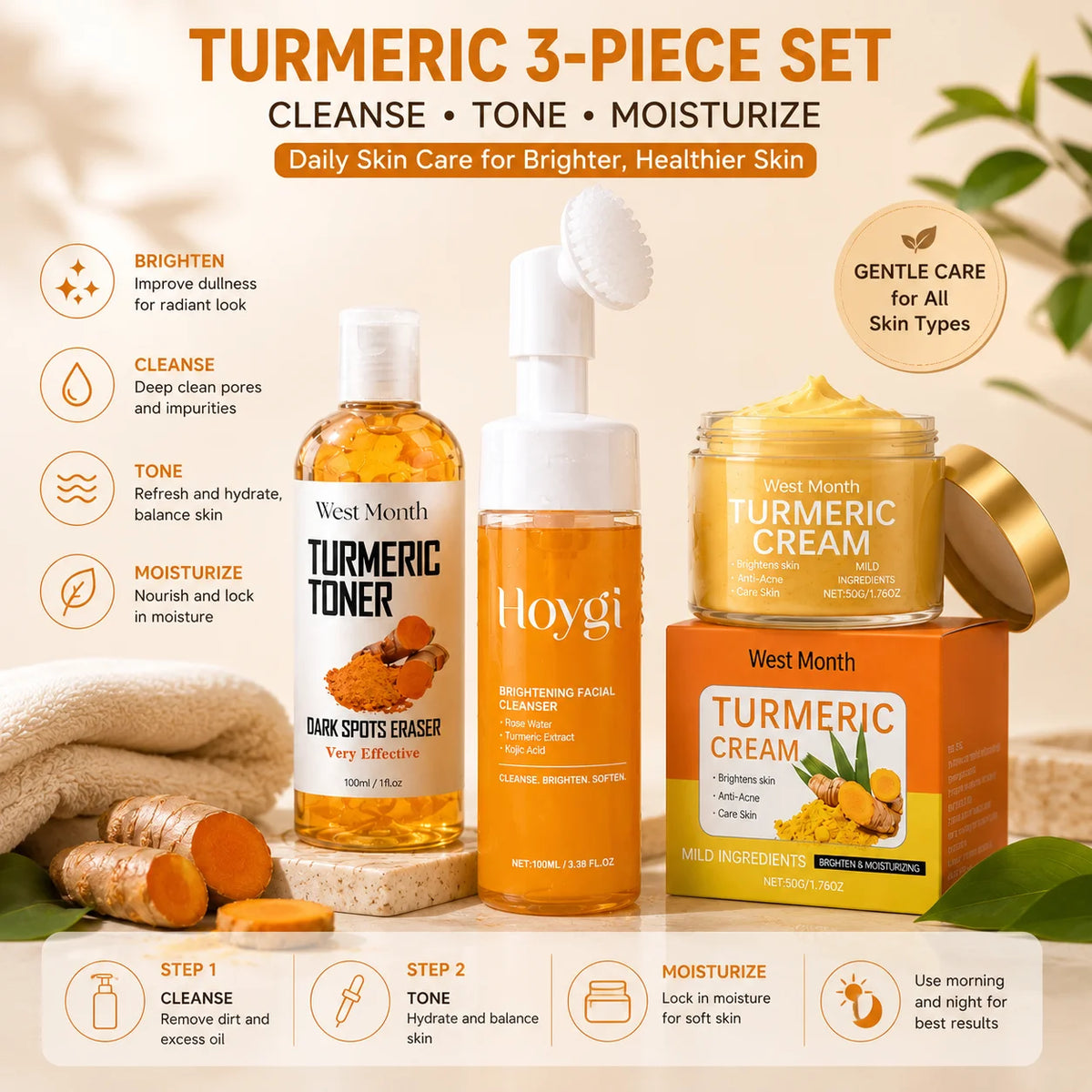 3-Piece Turmeric Skin Care Set | Toner, Cleanser & Cream Skin Care Set QXL