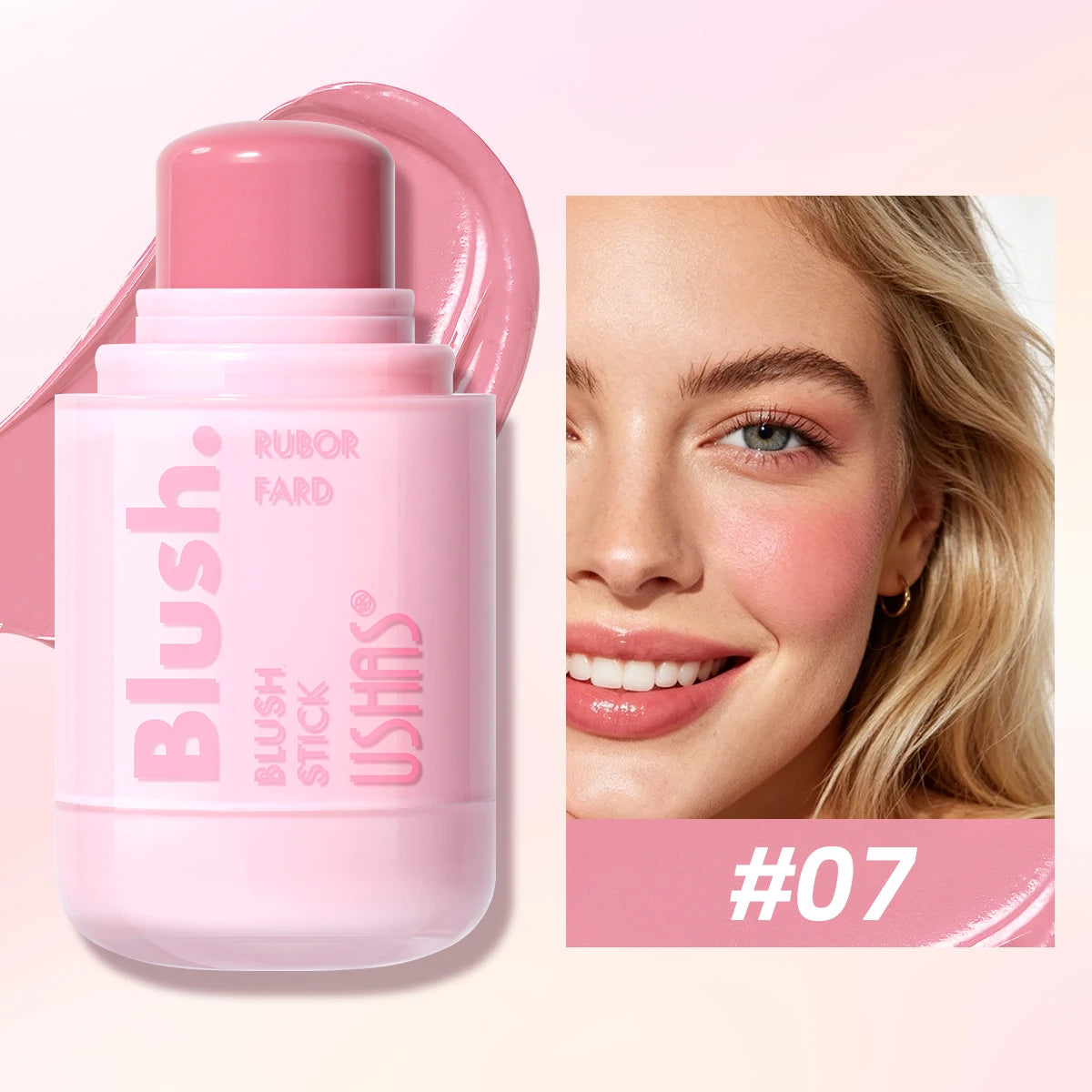 USHAS Cream Blush Stick – Dewy Glow, Waterproof Cheek Tint Cream Blush Stick QXL 07
