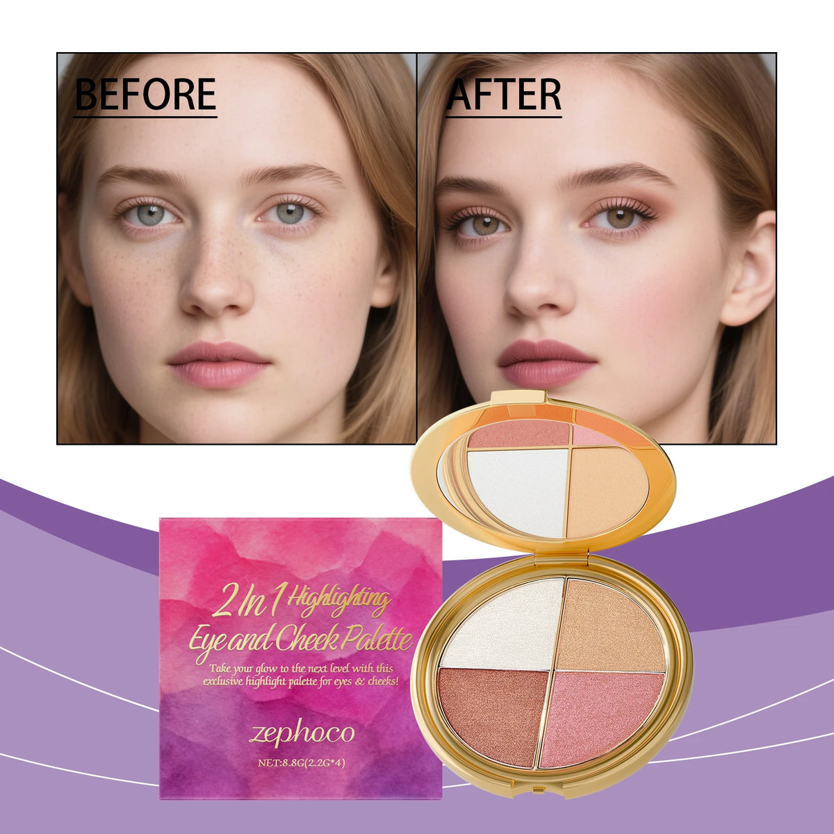 3-in-1 Highlighter Eyeshadow Blush Palette | Shimmer & Matte Eyeshadow Blush Palette QXL